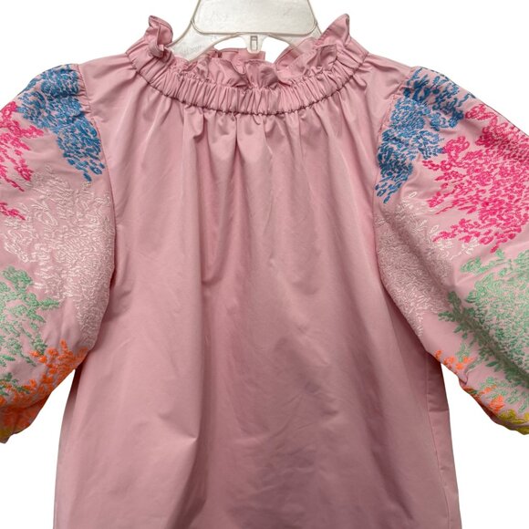 THML Women's Pink Embroidered Puff Sleeve Top - Size XS - Picture 6 of 10